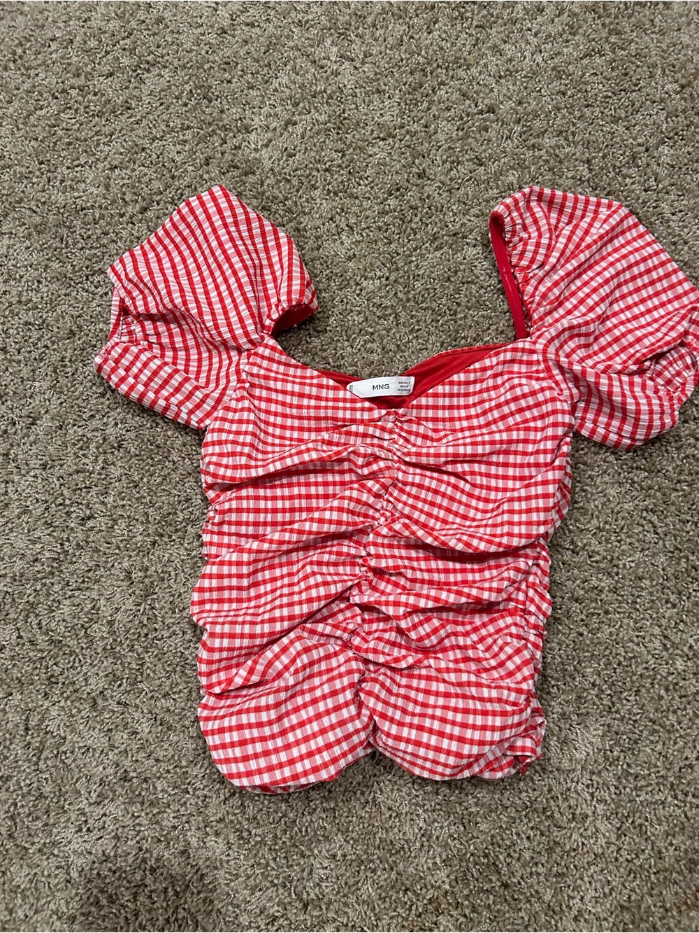 MNGO Red Gingham Puff Sleeve Ruched Top